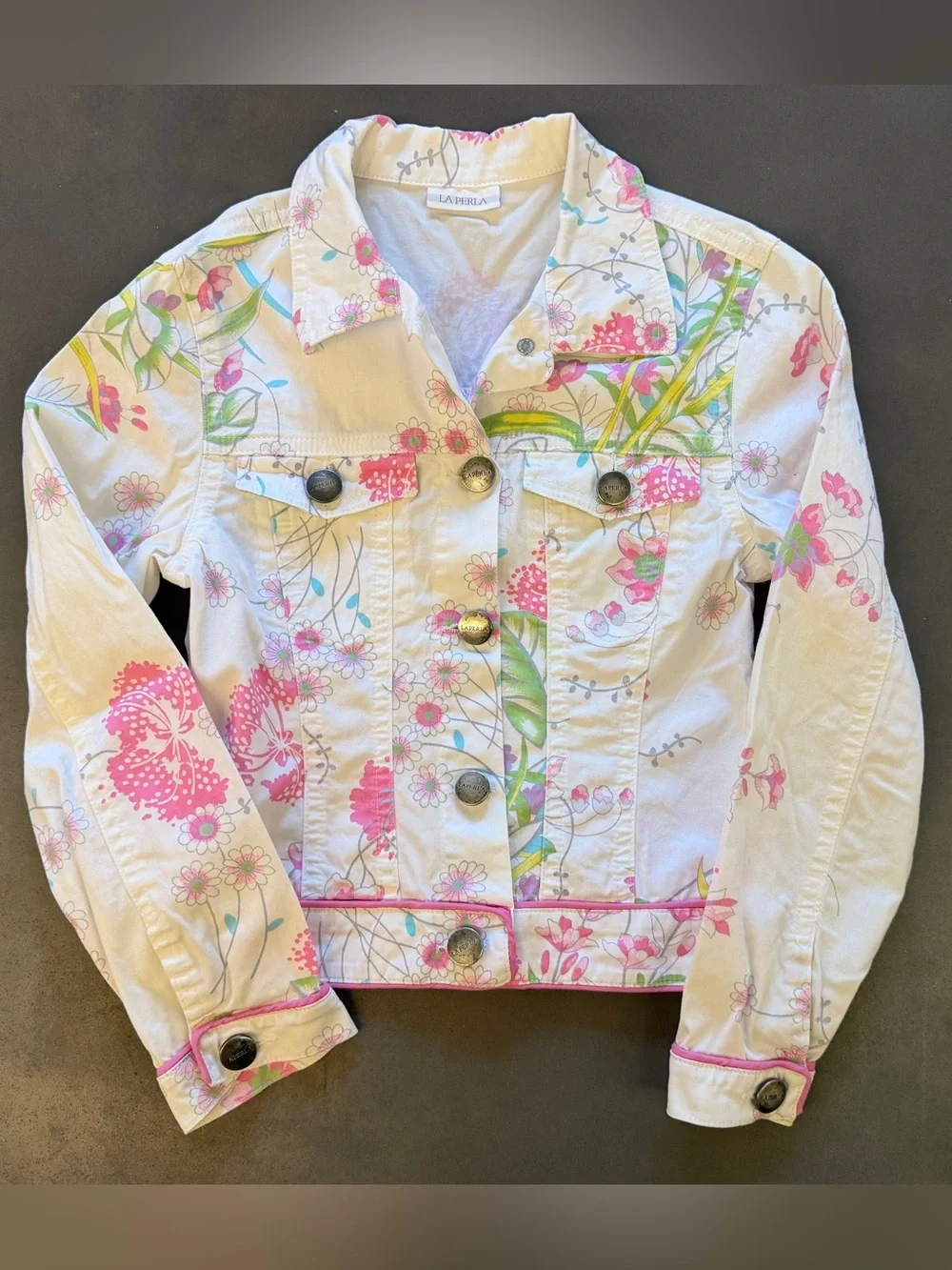 La Perla Floral Denim Jacket Italy Pink White Cotton Stretch Size 7 70 122 Girls